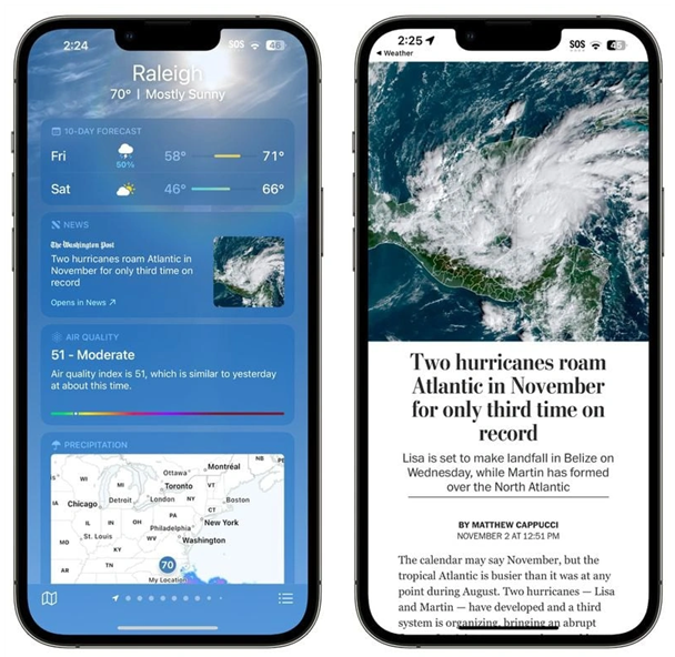 海南苹果14维修分享iPhone 14手机如何看天气时顺带看新闻 